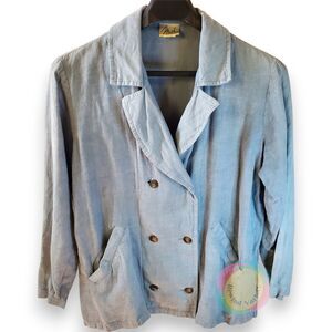 VTG Mishi 100% Linen Blazer Jacket Women's M Double Breasted Blue USA Made 90s